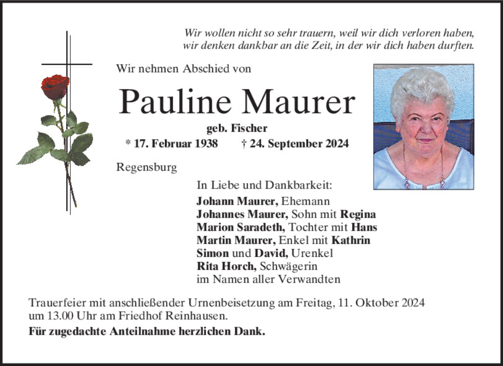  Traueranzeige für Pauline Maurer vom 05.10.2024 aus Mittelbayerische Zeitung Regensburg