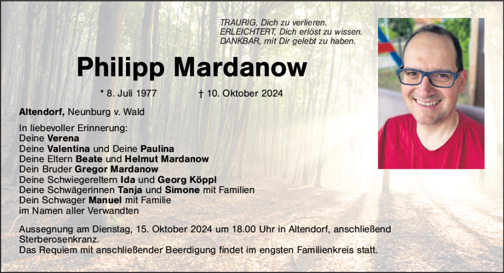  Traueranzeige für Philipp Mardanow vom 12.10.2024 aus Mittelbayerische Zeitung Schwandorf