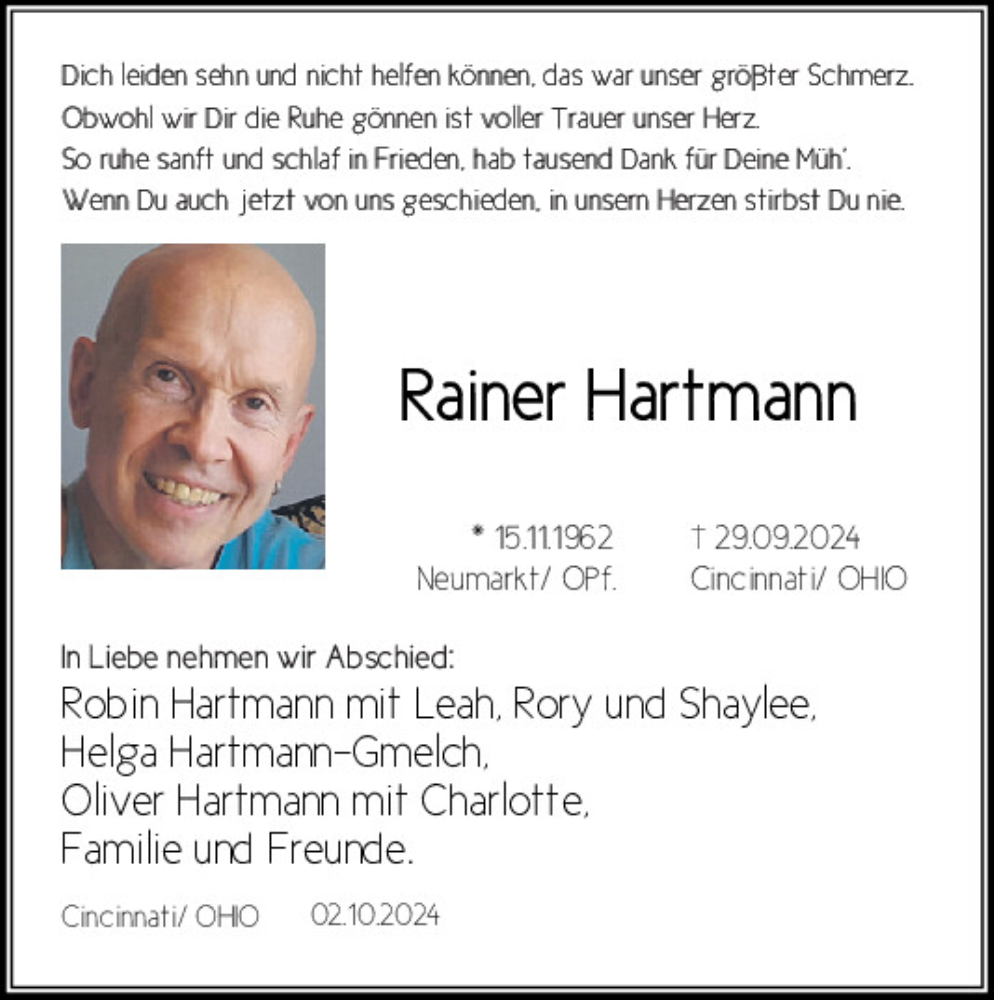  Traueranzeige für Rainer Hartmann vom 05.10.2024 aus Neumarkter Tagblatt