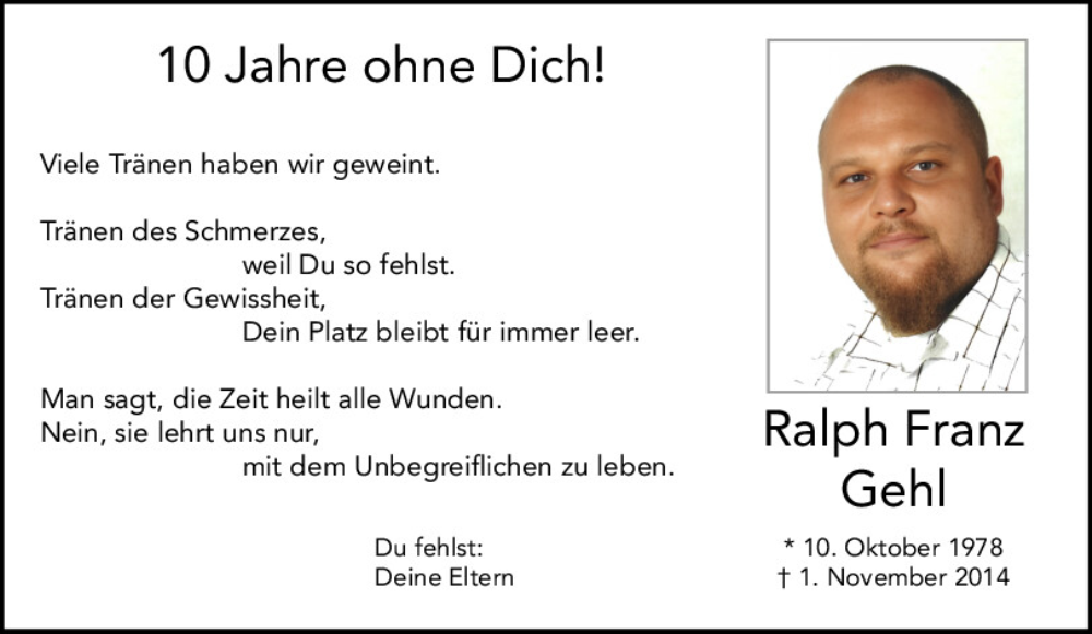  Traueranzeige für Ralph Gehl vom 01.11.2024 aus Neumarkter Tagblatt