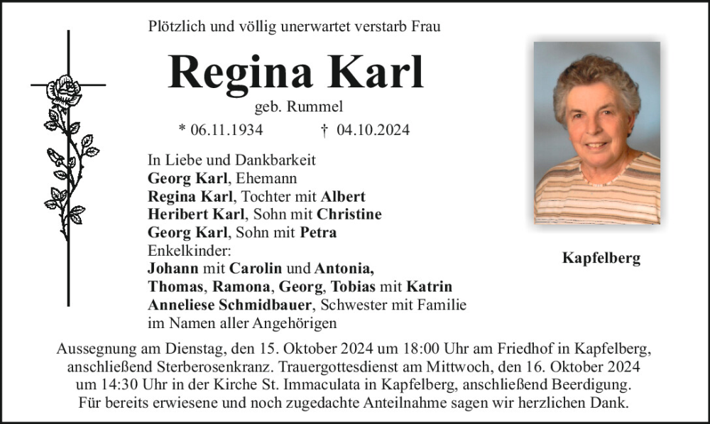  Traueranzeige für Regina Karl vom 12.10.2024 aus Mittelbayerische Zeitung Kelheim