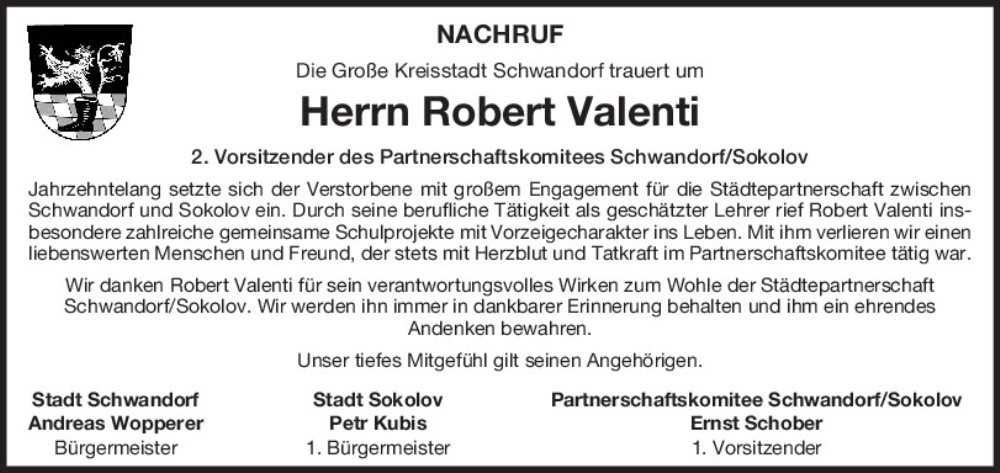  Traueranzeige für Robert Valenti vom 16.10.2024 aus Mittelbayerische Zeitung Schwandorf