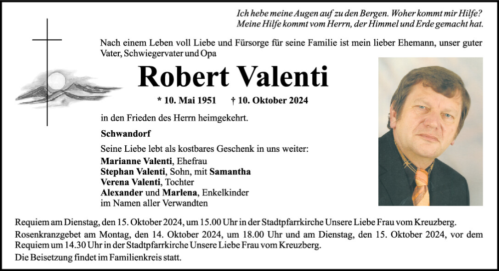  Traueranzeige für Robert Valenti vom 12.10.2024 aus Mittelbayerische Zeitung Schwandorf