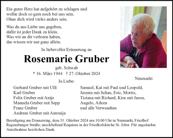 Traueranzeige von Rosemarie Gruber von Neumarkter Tagblatt