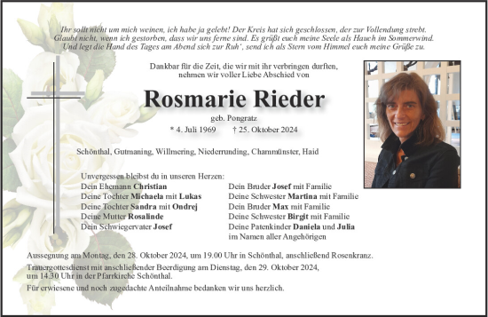 Traueranzeige von Rosmarie Rieder von Bayerwald Echo