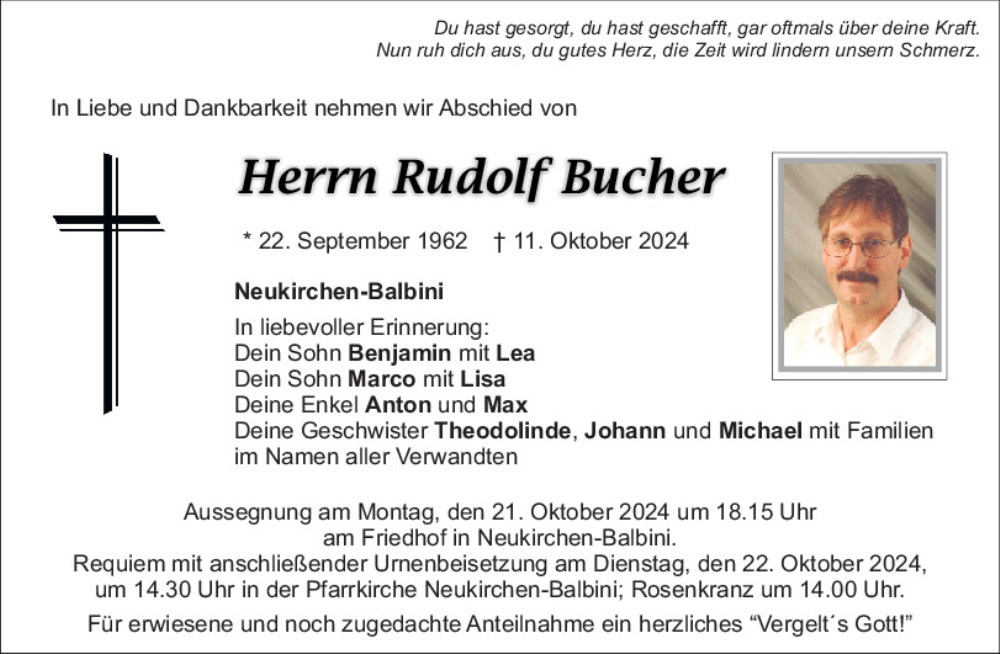  Traueranzeige für Rudolf Bucher vom 17.10.2024 aus Mittelbayerische Zeitung Schwandorf