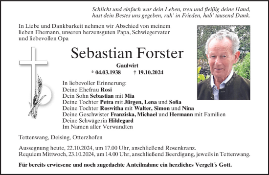 Traueranzeige von Sebastian Forster von Mittelbayerische Zeitung Kelheim