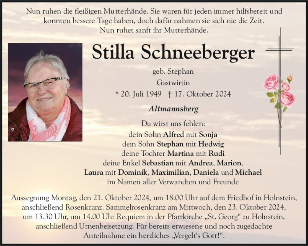  Traueranzeige für Stilla Schneeberger vom 19.10.2024 aus Neumarkter Tagblatt