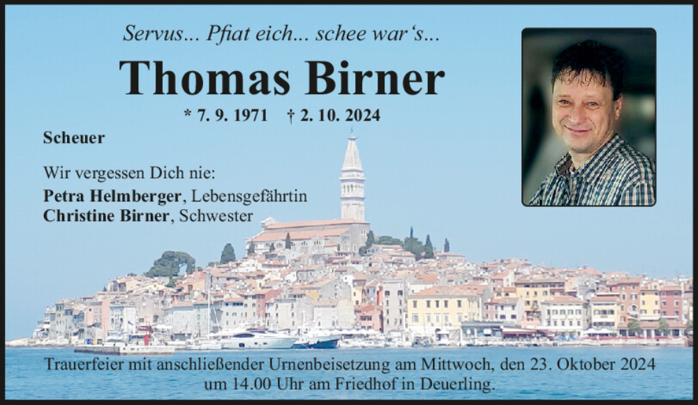  Traueranzeige für Thomas Birner vom 19.10.2024 aus Mittelbayerische Zeitung Regensburg