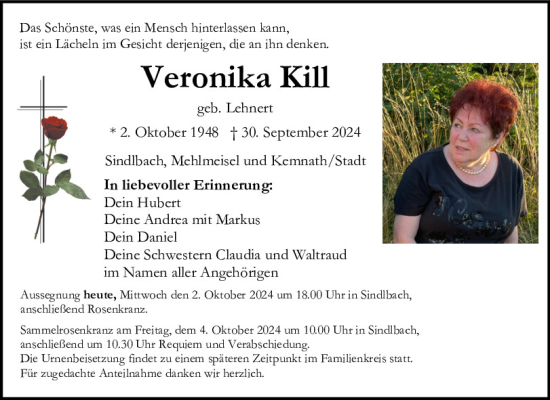 Traueranzeige von Veronika Kill von Neumarkter Tagblatt