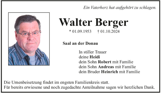 Traueranzeige von Walter Berger von Mittelbayerische Zeitung Kelheim