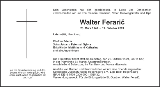 Traueranzeige von Walter Feraric von Bayerwald Echo