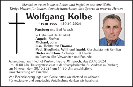 Traueranzeige von Wolfgang Kolbe von Neumarkter Tagblatt