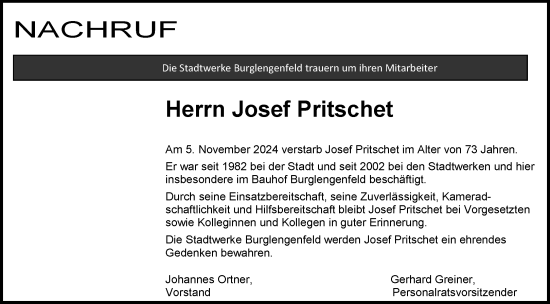 Traueranzeige von Josef Pritschet von Mittelbayerische Zeitung Schwandorf