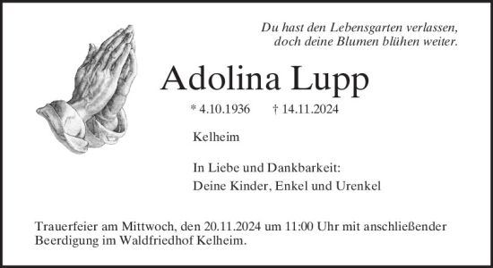 Traueranzeige von Adolina Lupp von Mittelbayerische Zeitung Kelheim