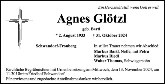 Traueranzeige von Agnes Glötzl von Mittelbayerische Zeitung Schwandorf