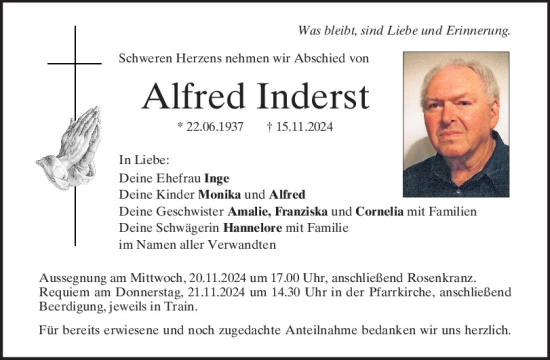 Traueranzeige von Alfred Inderst von Mittelbayerische Zeitung Kelheim