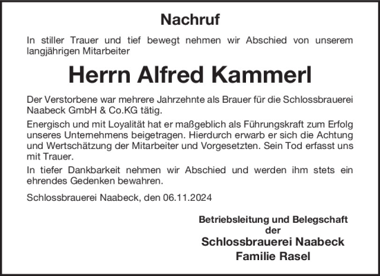 Traueranzeige von Alfred Kammerl von Mittelbayerische Zeitung Schwandorf