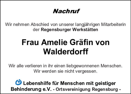 Traueranzeige von Amelie  Gräfin von Walderdorff von Mittelbayerische Zeitung Regensburg