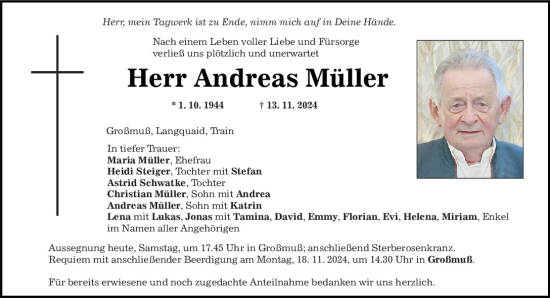 Traueranzeige von Andreas Müller von Mittelbayerische Zeitung Kelheim