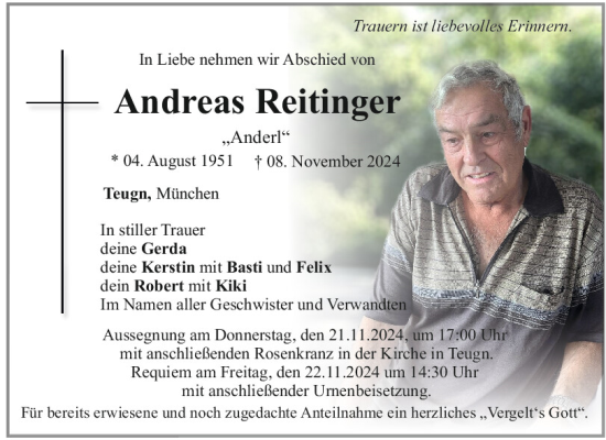 Traueranzeige von Andreas Reitinger von Mittelbayerische Zeitung Kelheim