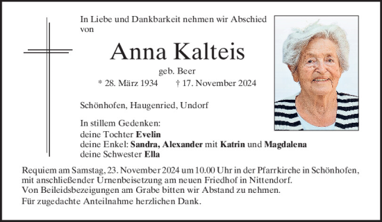 Traueranzeige von Anna Kalteis von Mittelbayerische Zeitung Regensburg