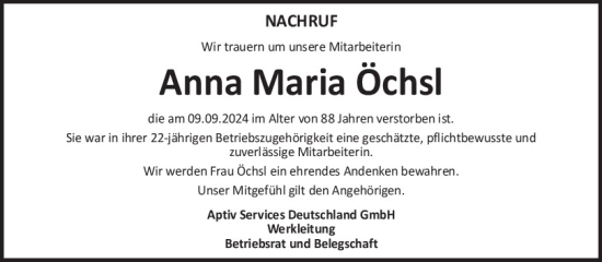 Traueranzeige von Anna Maria Öchsl von Neumarkter Tagblatt