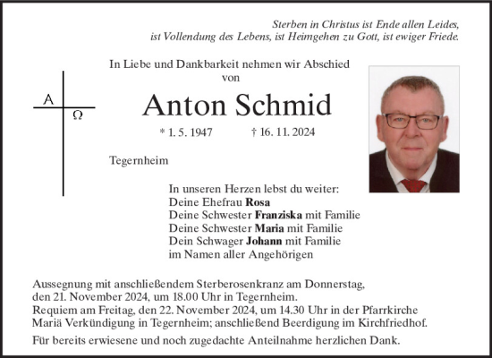 Traueranzeige von Anton Schmid von Mittelbayerische Zeitung Regensburg