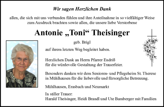 Traueranzeige von Antonie  Theisinger von Neumarkter Tagblatt