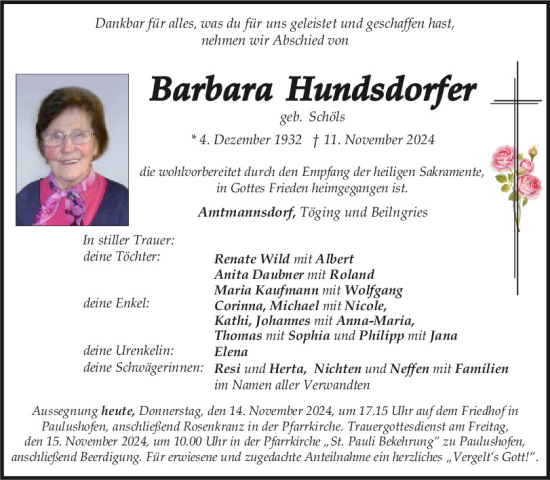 Traueranzeige von Barbara Hundsdorfer von Neumarkter Tagblatt