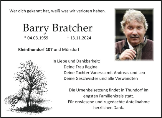 Traueranzeige von Barry Bratcher von Neumarkter Tagblatt