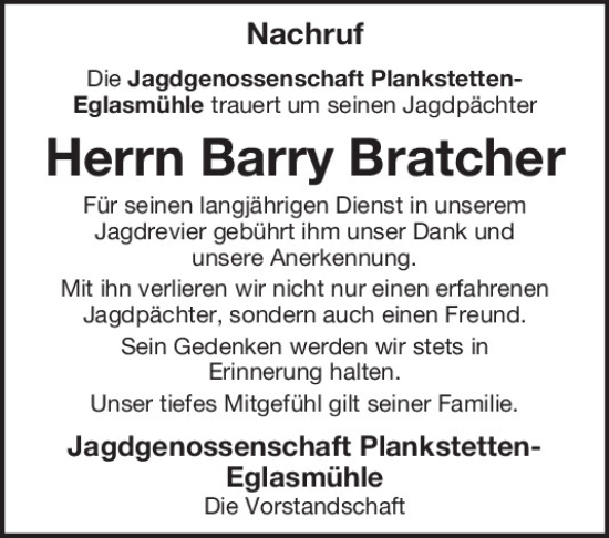 Traueranzeige von Barry Bratcher von Neumarkter Tagblatt