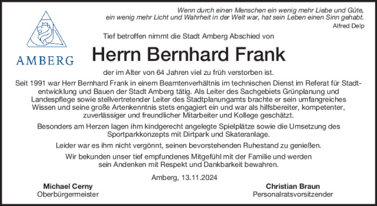 Traueranzeige von Bernhard Frank von Mittelbayerische Zeitung Schwandorf