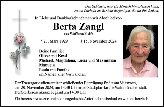 Traueranzeige von Berta Zangl von Bayerwald Echo