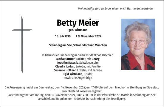 Traueranzeige von Betty Meier von Mittelbayerische Zeitung Schwandorf