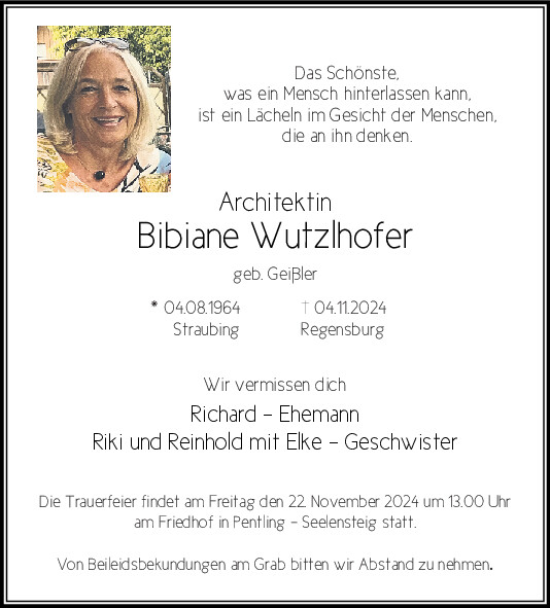 Traueranzeige von Bibiane Wutzlhofer von Mittelbayerische Zeitung Regensburg