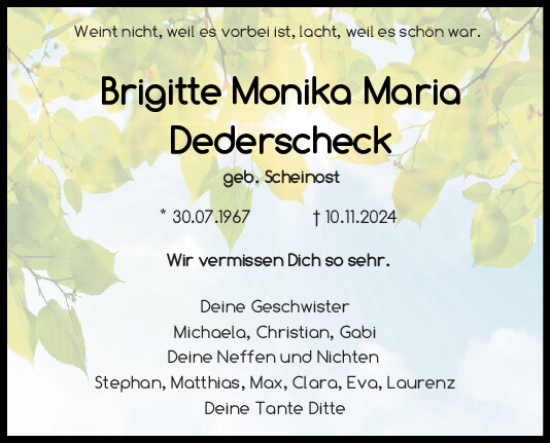 Traueranzeige von Brigitte Monika Maria Dederscheck von Mittelbayerische Zeitung Regensburg