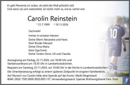 Traueranzeige von Carolin Reinstein von Mittelbayerische Zeitung Schwandorf