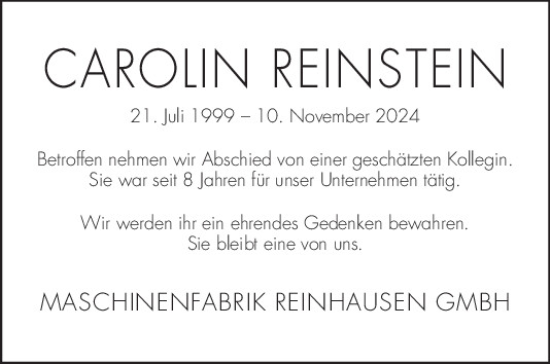 Traueranzeige von Carolin Reinstein von Mittelbayerische Zeitung Regensburg