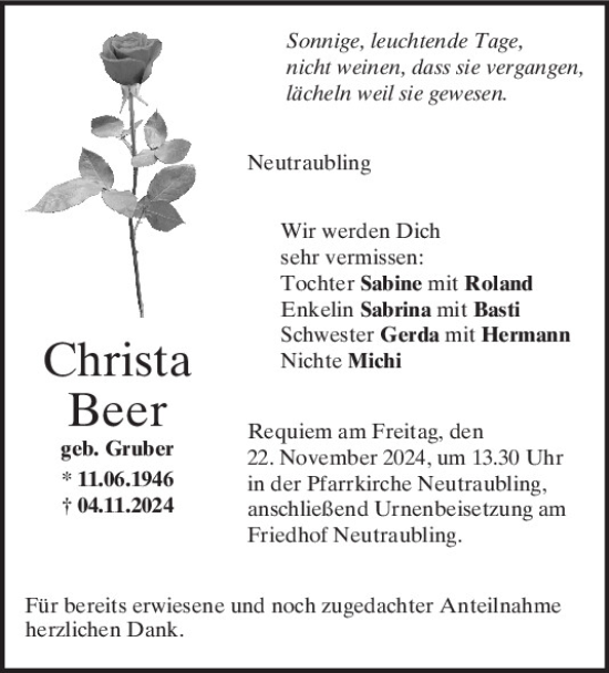 Traueranzeige von Christa Beer von Mittelbayerische Zeitung Regensburg