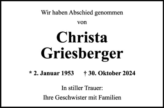 Traueranzeige von Christa Griesberger von Mittelbayerische Zeitung Schwandorf