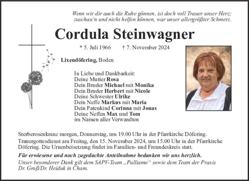  Traueranzeige für Cordula Steinwagner vom 13.11.2024 aus Bayerwald Echo