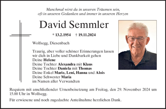 Traueranzeige von David Semmler von Mittelbayerische Zeitung Regensburg