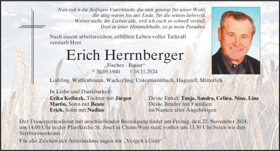 Traueranzeige von Erich Herrnberger von Bayerwald Echo