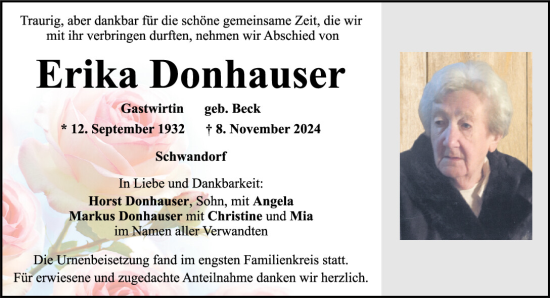 Traueranzeige von Erika Donhauser von Mittelbayerische Zeitung Schwandorf