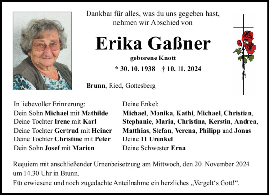 Traueranzeige von Erika Gaßner von Mittelbayerische Zeitung Regensburg