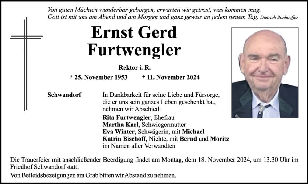  Traueranzeige für Ernst Furtwengler vom 14.11.2024 aus Mittelbayerische Zeitung Schwandorf