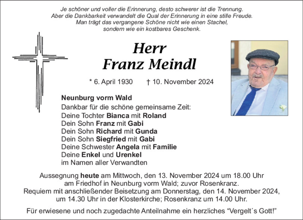  Traueranzeige für Franz Meindl vom 13.11.2024 aus Mittelbayerische Zeitung Schwandorf