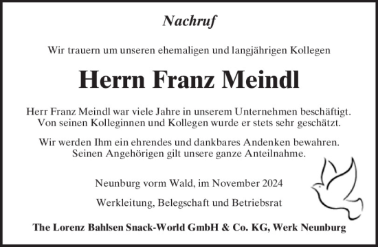 Traueranzeige von Franz Meindl von Mittelbayerische Zeitung Schwandorf