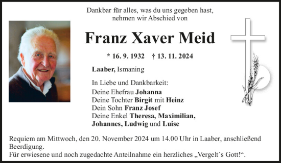 Traueranzeige von Franz Xaver Meid von Mittelbayerische Zeitung Regensburg